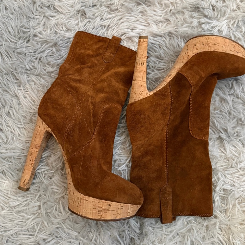 Michael Kors Brown Suede Heeled Boots with Cork Detail